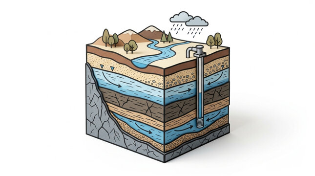 Cross section of the earth showing groundwater and a well.