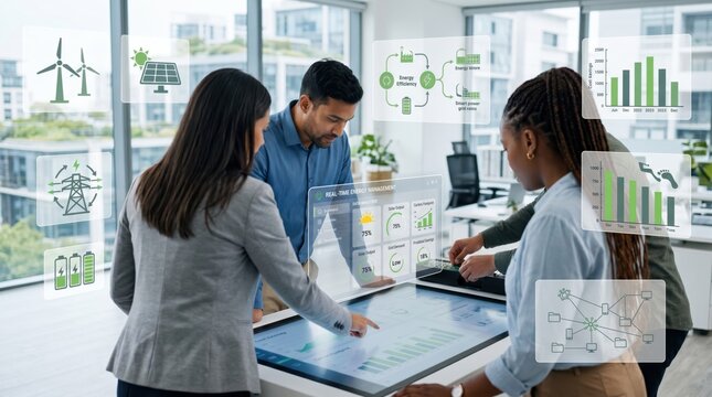 Diverse business team analyzing holographic energy data charts on interactive table, smart office meeting, green technology innovation, sustainability planning, future concept