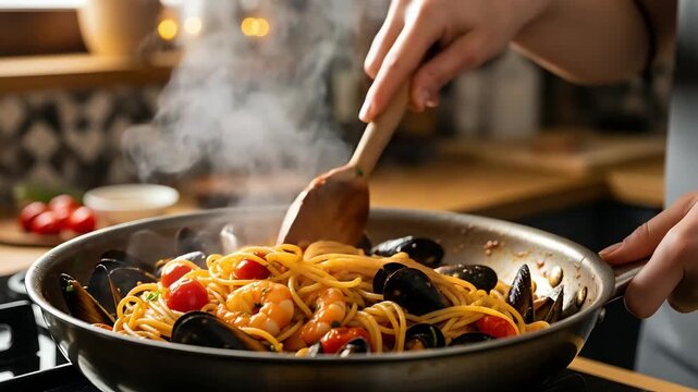 Closeup of delicious seafood pasta being stirred in a frying pan