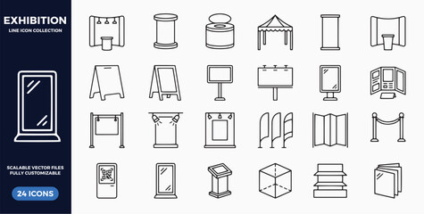 Exhibition line icon, booth, banner stand, podium, billboard, kiosk, tent and information panel. Complete set of trade show, marketing display and event icons for conference, advertising and promotion © SyedDesigner