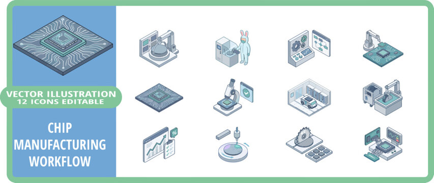 Chip Manufacturing Workflow Icon Set for Semiconductor Production Wafer Fabrication Microelectronics and Process Engineering