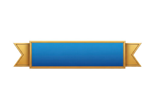 Empty rectangular blue ribbon banner with gold trim isolated on white