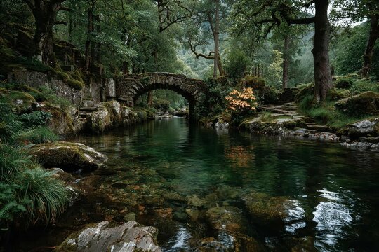 Tranquil forest stream with ancient stone bridge
