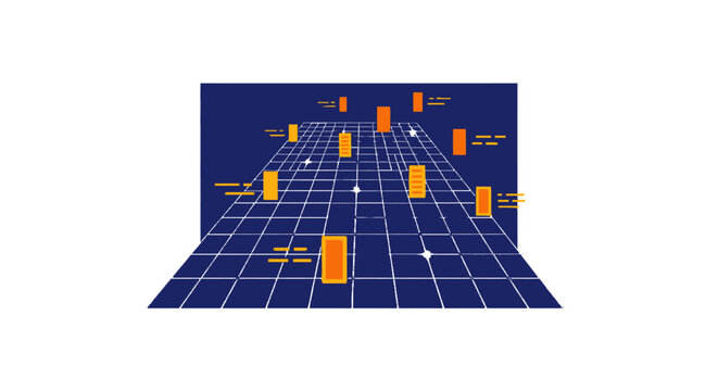 Perspective digital grid with floating data monoliths
