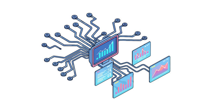 Data analytics monitor with isometric charts and circuit connections