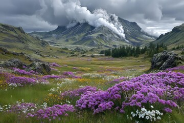 Fototapeta premium Purple and white wildflowers in a misty mountain valley