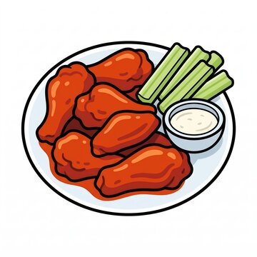Delicious chicken wings with celery sticks and dipping sauce