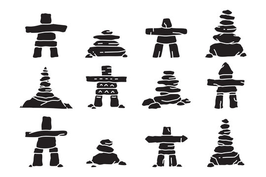 Inuit marker solid icon design set for Canadian heritage. Inukshuk stone cairn silhouette elements for cultural. Stacked inukshuk stones glyph symbol sign pack for landmark