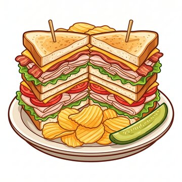 Illustration of a stacked club sandwich with chips and pickle