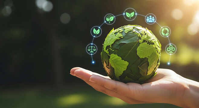 Hand holding a green globe with floating eco-friendly above it sustainability