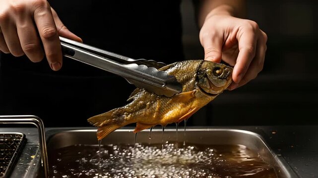 Chef holding a fried fish with kitchen tongs over a deep fryer