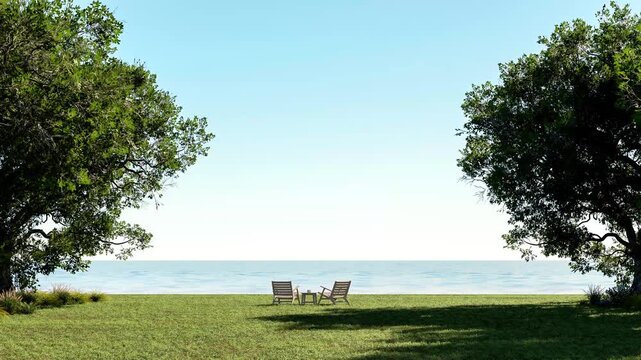 3d animation render of a peaceful seaside lawn with wooden chairs overlooking the calm ocean, framed by lush trees under a clear blue sky, creating a relaxing coastal landscape with copy space.