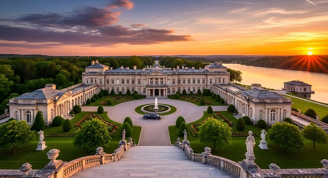 Grand Palace and Gardens at Sunset with Scenic Water View.