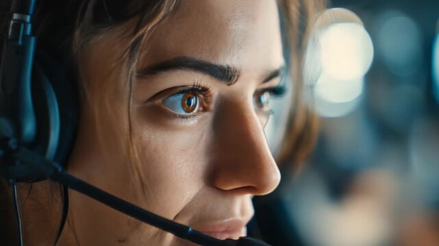 A young woman with expressive eyes works as a call center operator, providing professional customer service. The headset and blurred background highlight her concentration and dedication