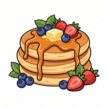 Stacked pancakes with butter, syrup, strawberries and blueberries
