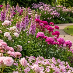 Obraz premium Colorful Flower Garden with Pink and Purple Blooms.