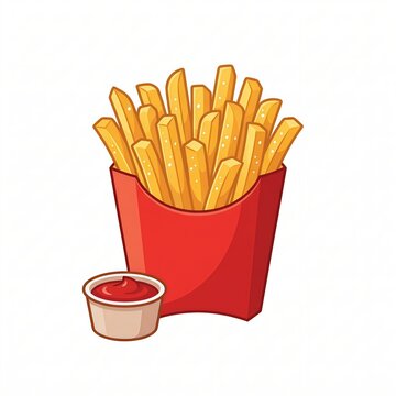 French fries in a red box with ketchup