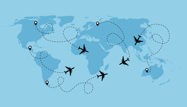 World map with airplanes and location pins illustrating global travel and flight connections