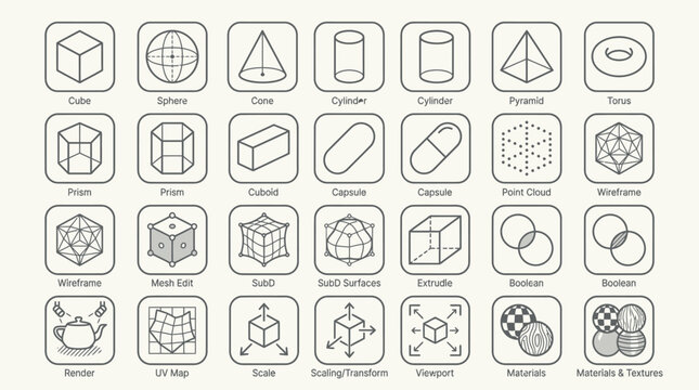 Grid of line icons for 3D modeling and geometry.