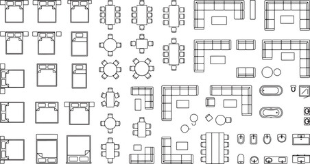 Obraz premium Furniture top view floor plan symbols set for architectural interior design projects in black line art