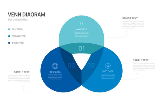 Venn diagram infographic chart template for business three parts options, presentation with venn diagram elements vector illustration.