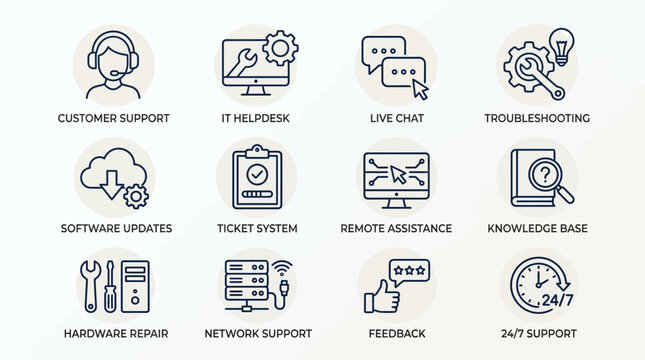 Information technology customer support and helpdesk line icon set.