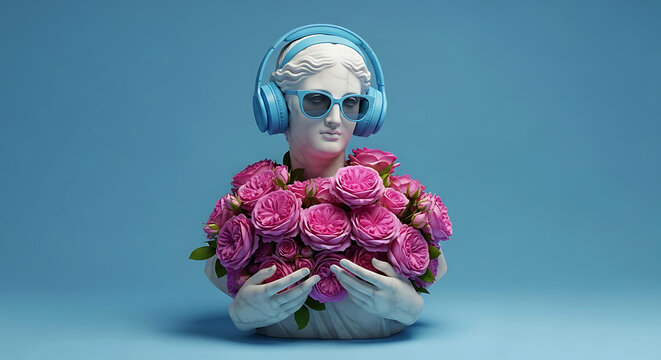 White bust statue with pink roses and blue headphones against blue background