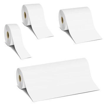 Different widths white blank paper rolls. Vector mockup set. Thermal print paper. Narrow, wide tape roll on spool. Mock-up. Template for design