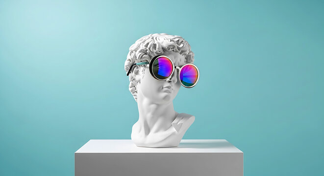 White marble bust with colorful futuristic sunglasses on turquoise background sculpture
