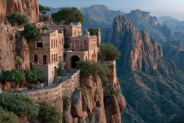 Fototapeta premium Ancient fort built into rocky mountain cliffs with lush greenery