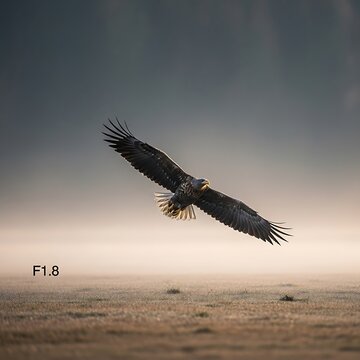 Majestic Eagle Soaring Over Open Landscape Under Dramatic Sky.