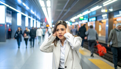 Fototapeta premium Stressed woman covering her ears to block out loud city noise while standing on a busy underground train station platform