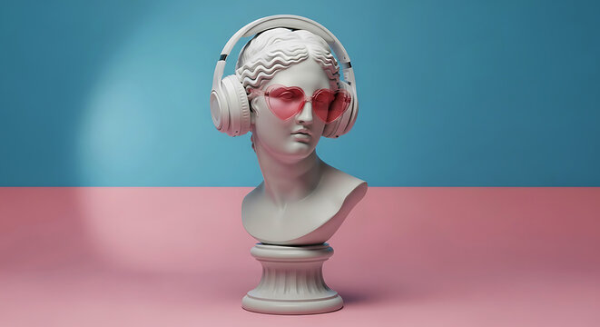 White sculpture bust with headphones and heart-shaped sunglasses on pink and blue gradient background