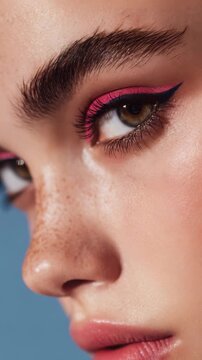 A detailed macro shot captures the vibrant pink eyeliner and natural freckles on a woman's face, emphasizing modern beauty and makeup artistry. The composition focuses on eye detail and skin texture