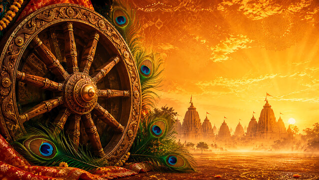 Jagannath ratha yatra rath yatra majestic wooden chariot wheel with peacock feathers golden sunset temple silhouettes mandala patterns and sacred aura background