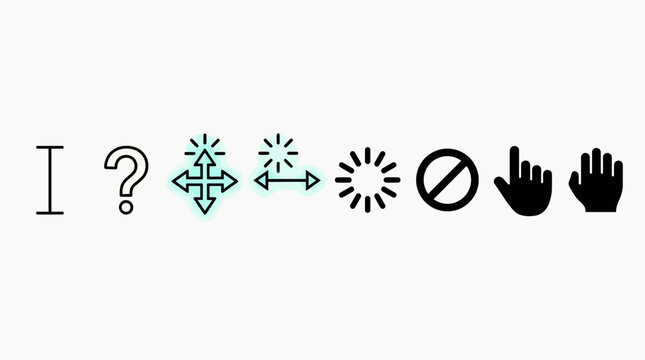 Collection of minimalist computer mouse cursor icons featuring pointer hand loading move resize and help symbols for user interface design