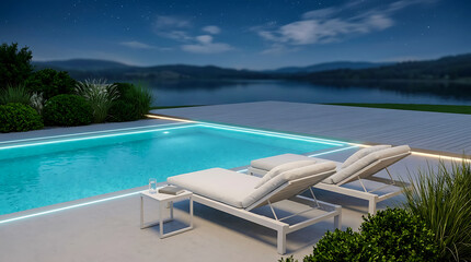 Fototapeta premium Modern Poolside Lounge with White Sunbeds by Night under Starry Sky
