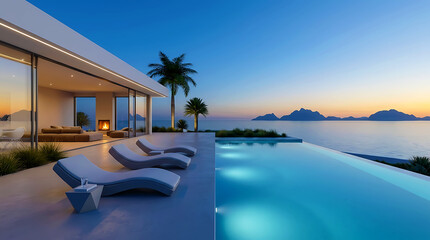 Fototapeta premium Luxury Modern Villa Terrace with Infinity Pool and Ocean View at Sunset