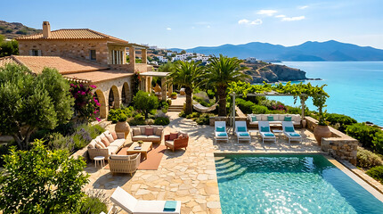 Fototapeta premium Luxury mediterranean villa terrace with swimming pool and ocean view