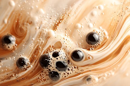 Close-up of bubble tea with visible chewy black tapioca pearls, creamy tea swirling