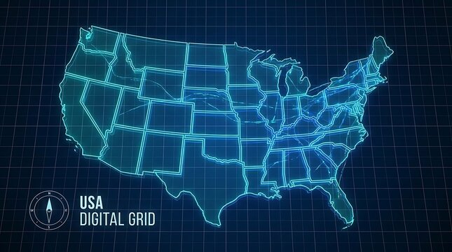Digital USA map with grid overlay on dark background, futuristic style