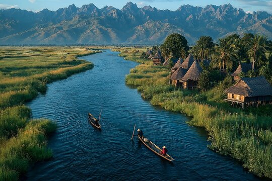 Tropical river landscape with stilt houses and mountains