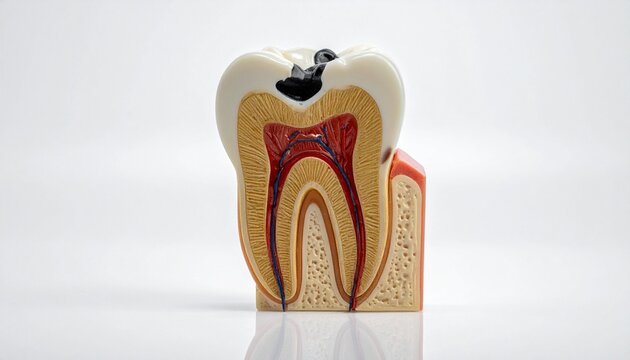 Tooth anatomy revealed in vivid detail, enamel shielding, dentin supporting, pulp glowing with life, symbolizing strength, health, and the intricate balance of human resilience.