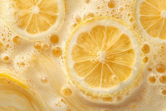 Refreshing lemonade with swirling citrus slices, light froth, and bubbles rising in the liquid