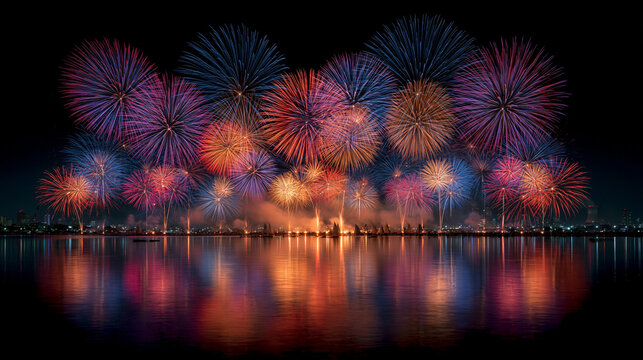 Amazing multi color of fire works in the black sky at night like a flowers over the city , extreme wide shot.