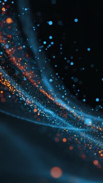 A vibrant array of glowing particles forms a flowing wave, blending blue and orange hues in a digital abstract style. The scene evokes futuristic technology and cosmic energy in motion