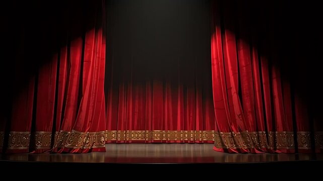 Red theater curtains opening on an empty stage with spotlight