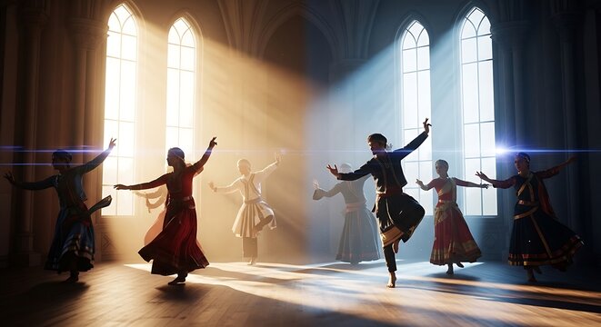 Graceful Ballet Dancers Performing in Church Interior with Sunlight Streaming Through Stained Glass Windows.