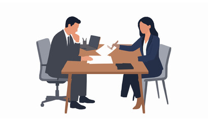 Obraz premium Corporate leaders negotiating merger documents across office desk isolated on white background flat vector illustration