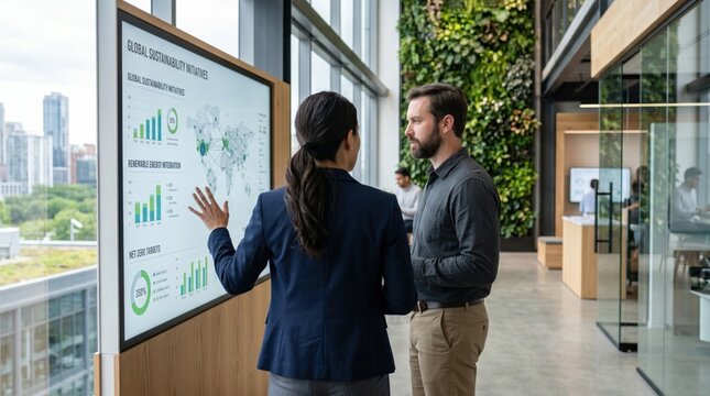 Colleagues discussing global sustainability initiatives on interactive vertical screen in eco-friendly office with green wall, corporate environmental strategy planning